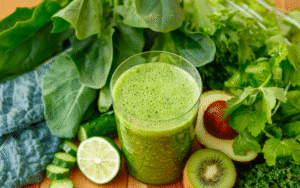 Spinach smoothie in glass – iron-rich energy drink