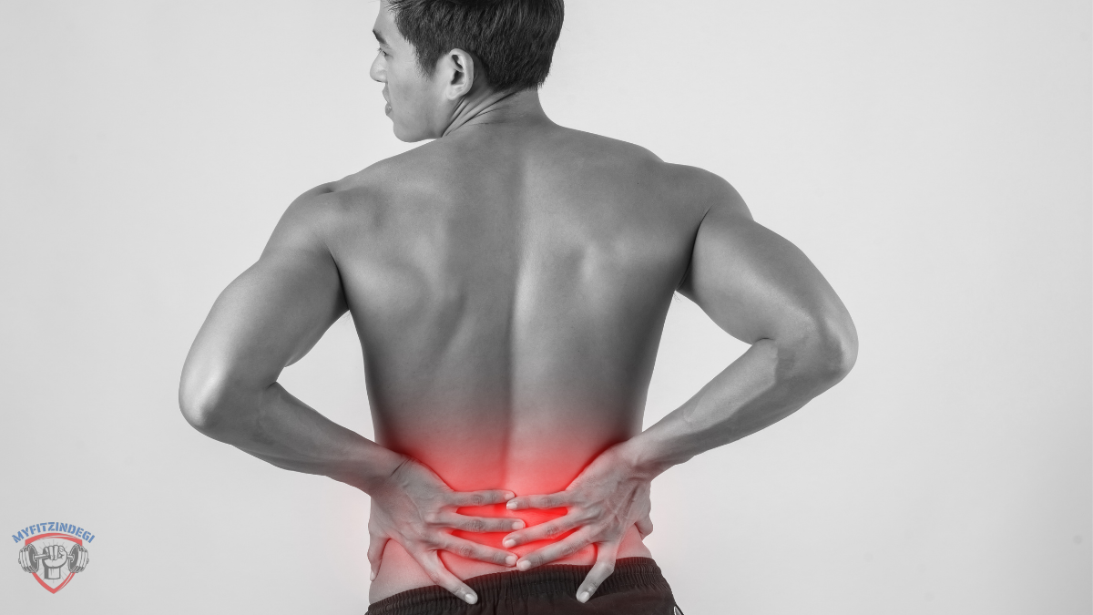 A person gently touching their lower back or stretching their spine. Helps visually explain joint pain relief from Vitamin D.